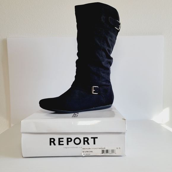 Report Footwear Flat Black Suede Mid-Calf Boot with buckle detail - Picture 2 of 11